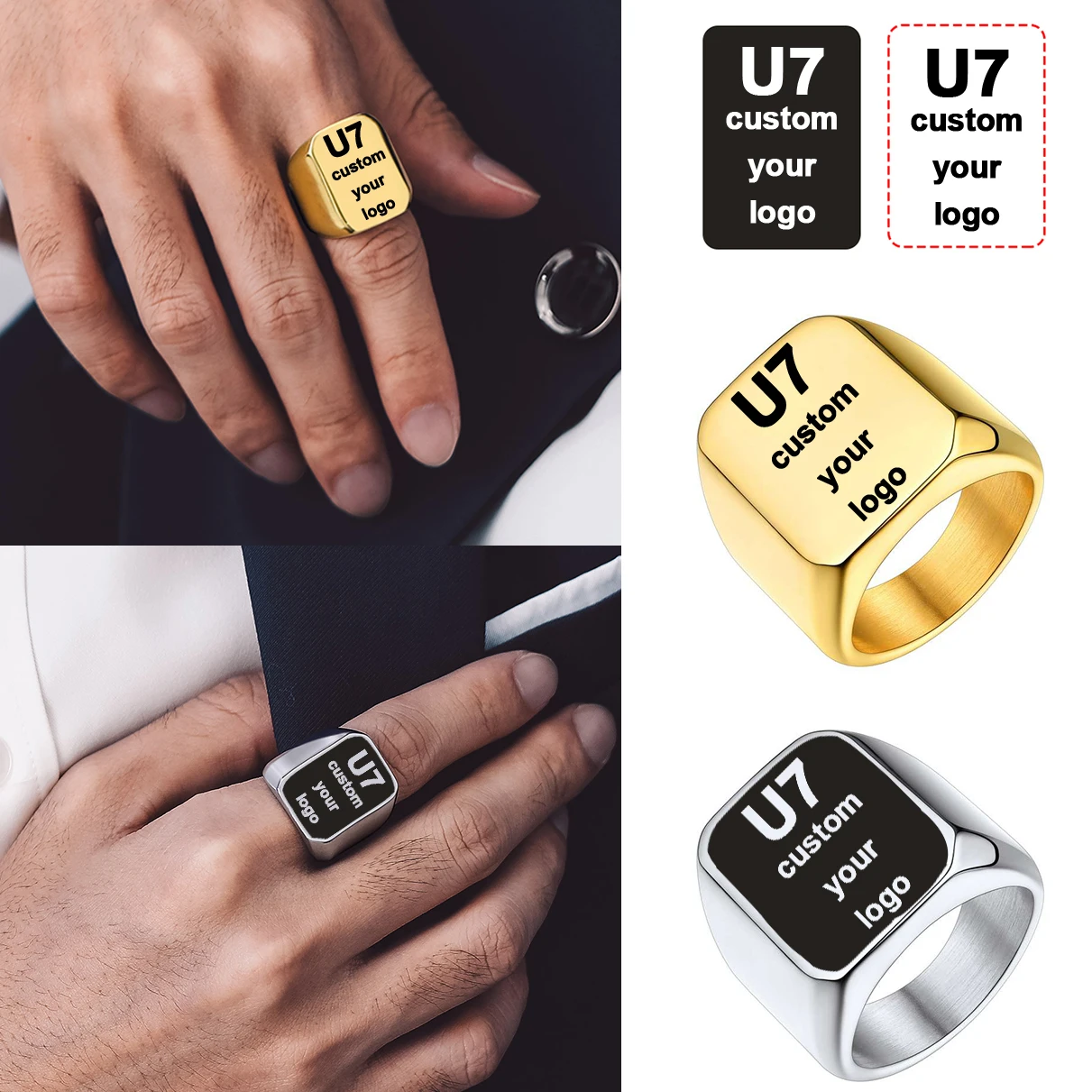 

U7 Custom Stainless Steel Rectangle Rings for Man Deep Engrave Black Logo Graphics Design / Black Backgound Rings Jewelry Gift