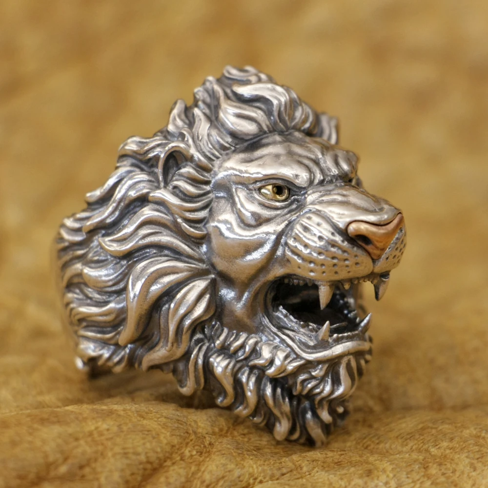 925 Sterling Silver King of Lion Brass Eyes Copper Nose Adjustable Ring TA432 US Size 8~15