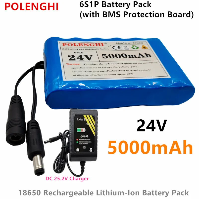 POLENGHI 6S1P Battery Pack 24V 5000mAh 18650 Rechargeable Lithium-Ion Battery Pack with BMS Protection Board