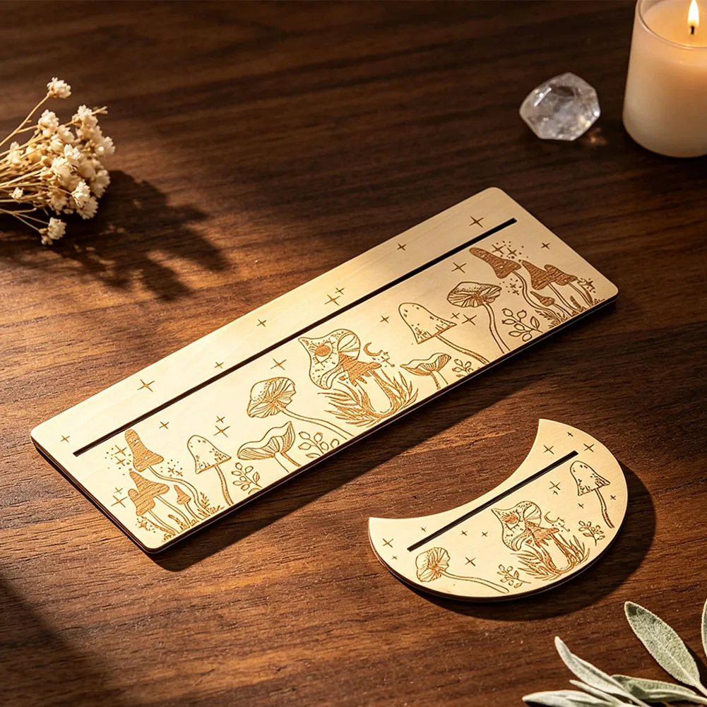 Wooden Tarot Cards Holder Set Mushroom Star Engraved Design Long & Crescent Moon Shape Tray for Home Tabletop Decor Craft Gift