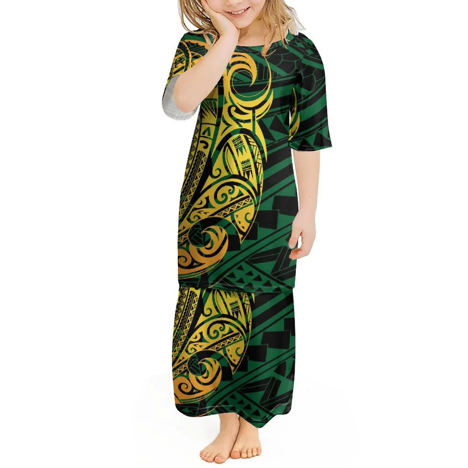 Hot Selling Girls Puletasi Summer Kids Dress Girls Set Dress Elegant Temperament Dress Party Wholesale Polynesian Kids Dress