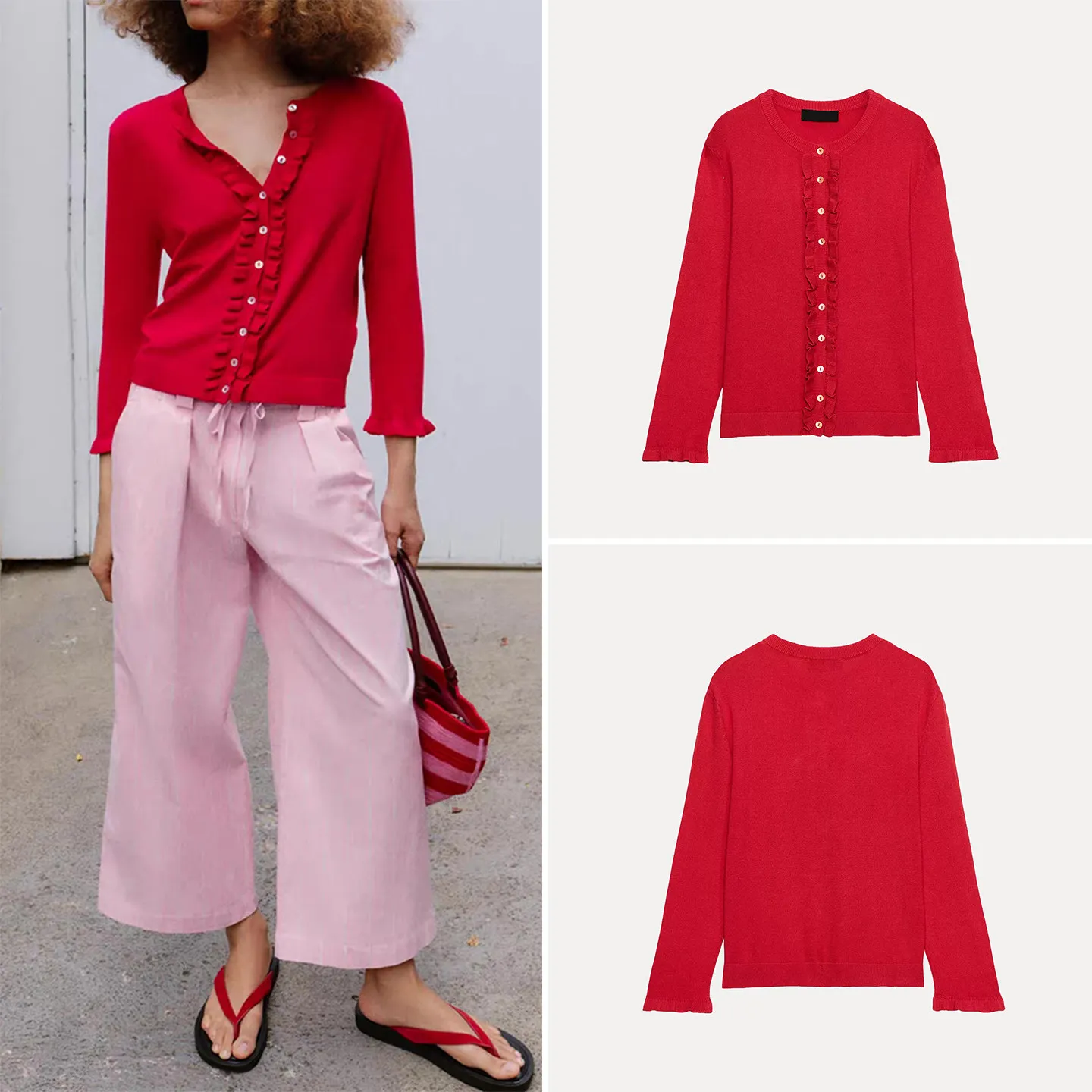 

Women's Knitted Long Sleeve round Neck Layered Decorative Coat with Lace Trim Casual Loose Fit Open Cardigan Summer 2026