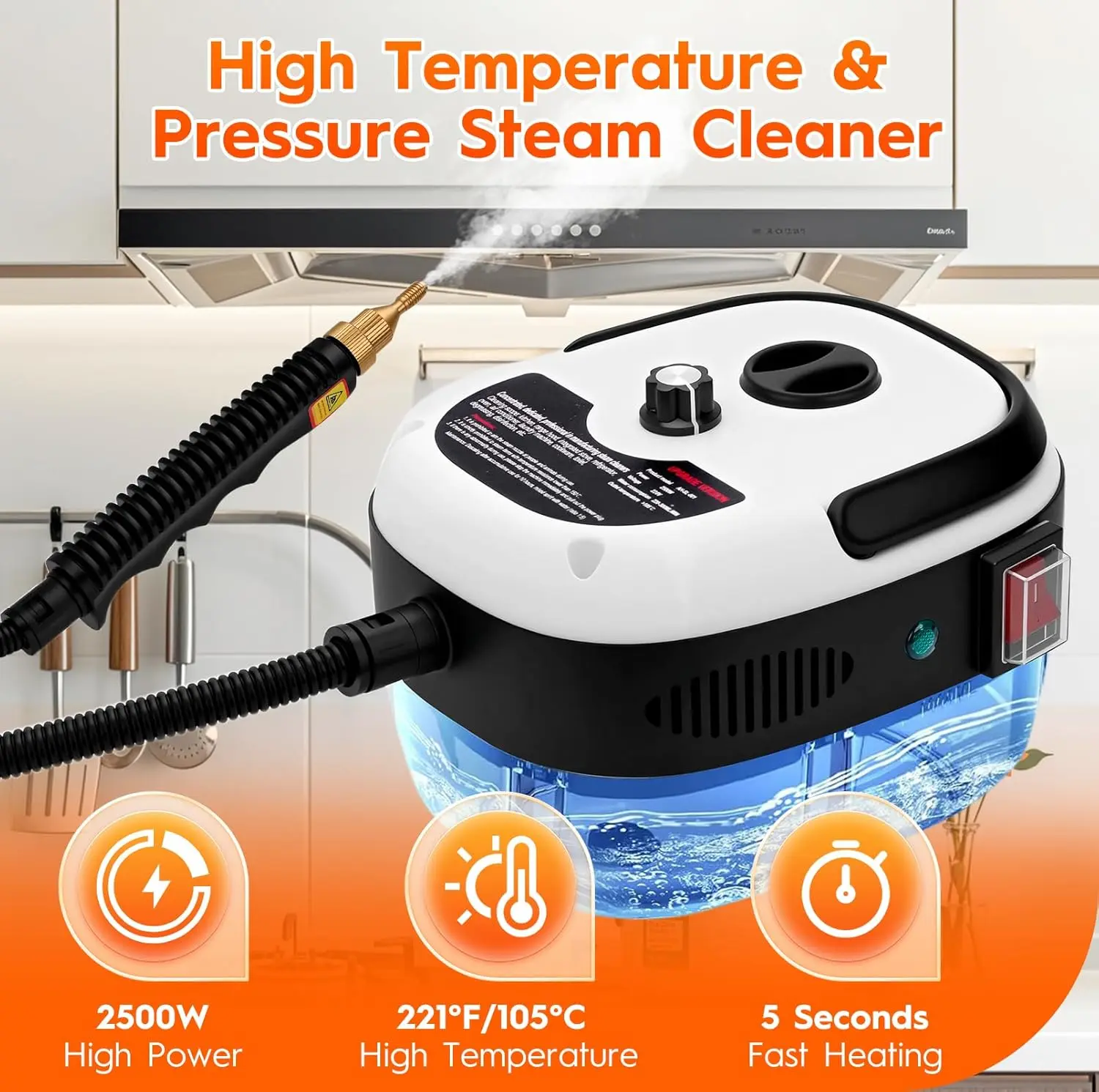 2500W Handheld Steam Cleaner, 1L Portable Steam Machine with 3 Brush Heads for Kitchen, Home, Car Cleaning (White)