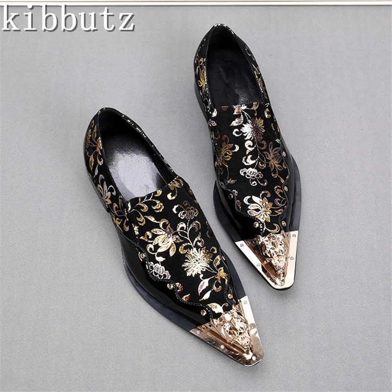 

Black Color with Golden Flowers Men Leather Shoes Metal Pointed Toe Luxury Banquet and Party Handmade Oxfords Male Dress Shoe