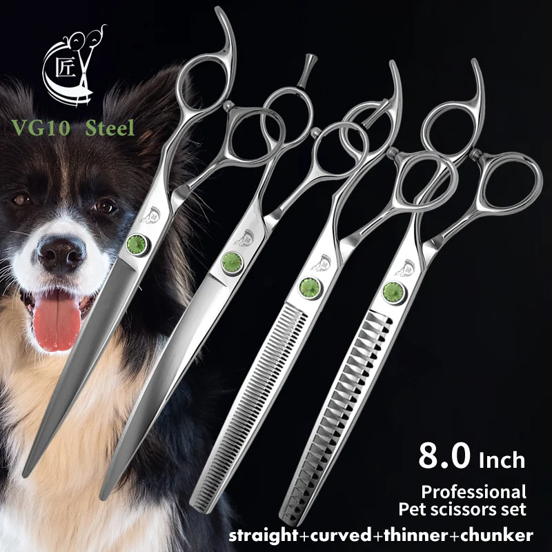 Crane 8 Inch Professional Pet Scissors Set Dog Grooming Scissor VG10 Steel Kit High-end Straight Curved Chunker Thinning Shears