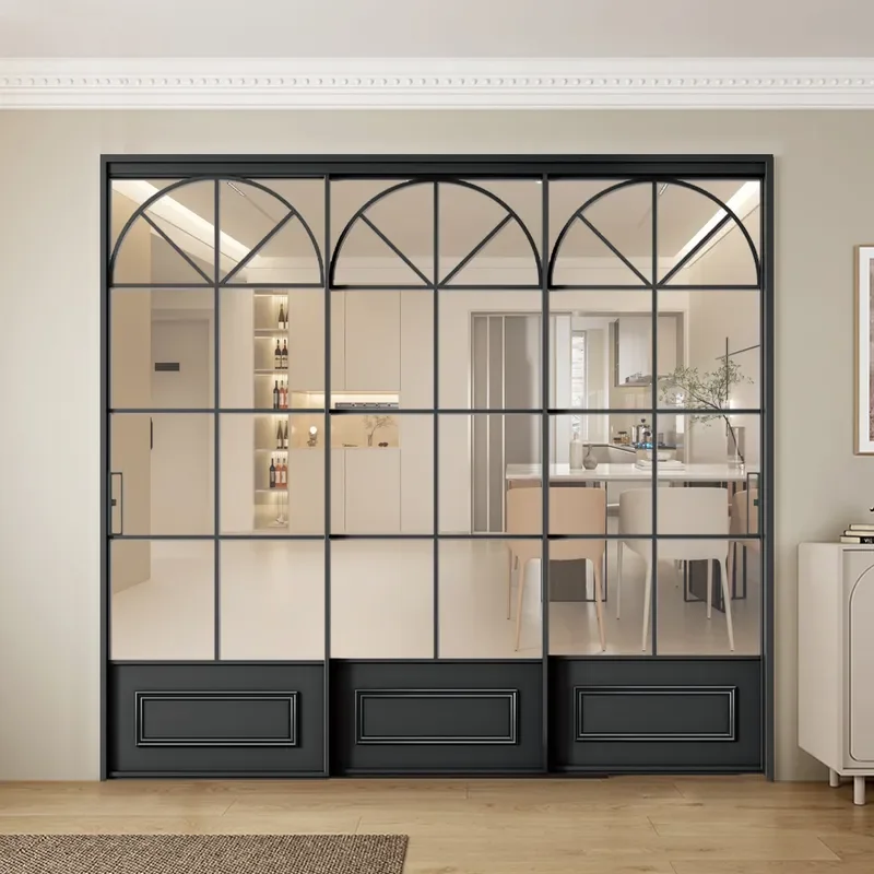 Retro Aluminum Alloy Sliding Door Three Linkage Kitchen Narrow Side Balcony Bathroom Door Black High End Household