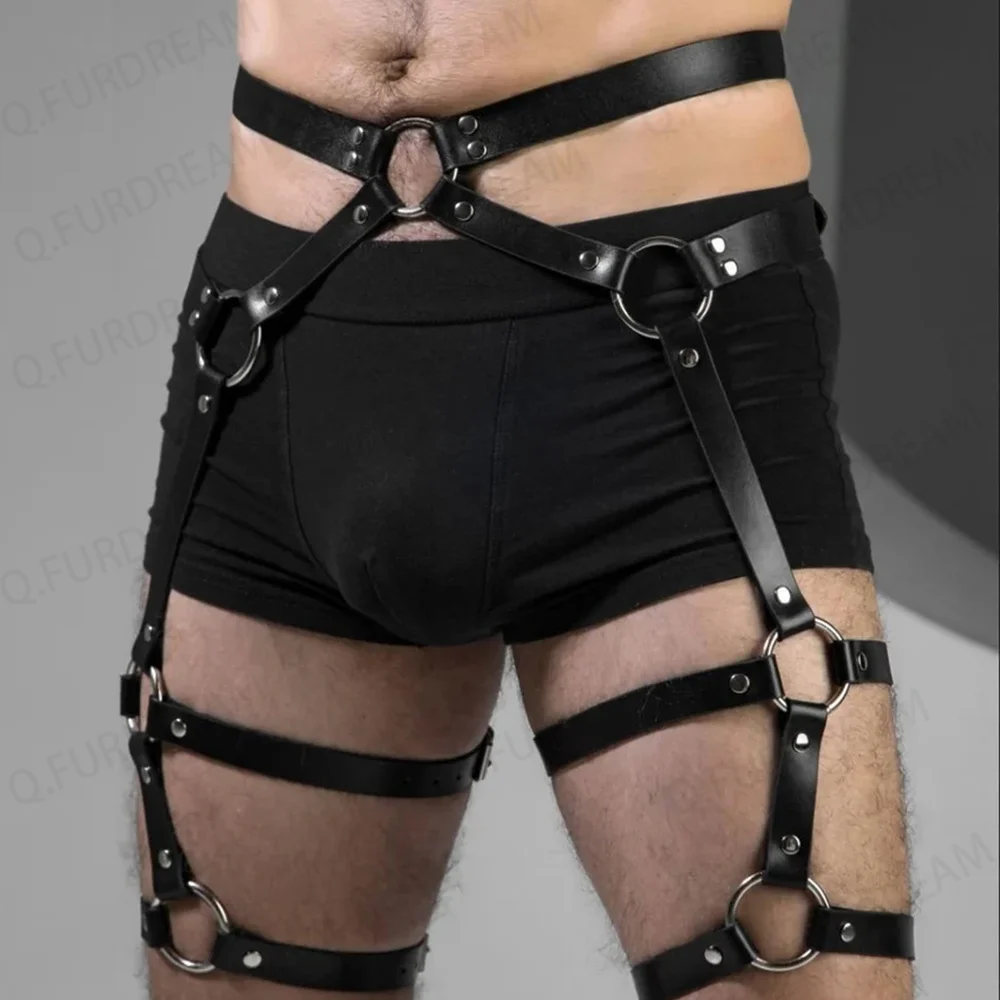 Sexy Men\'s Body Leg Harness Belts Pu Leather Adjustable Punk Style Belt for Cosplay Male Bondage Gay Party Fetish Costume