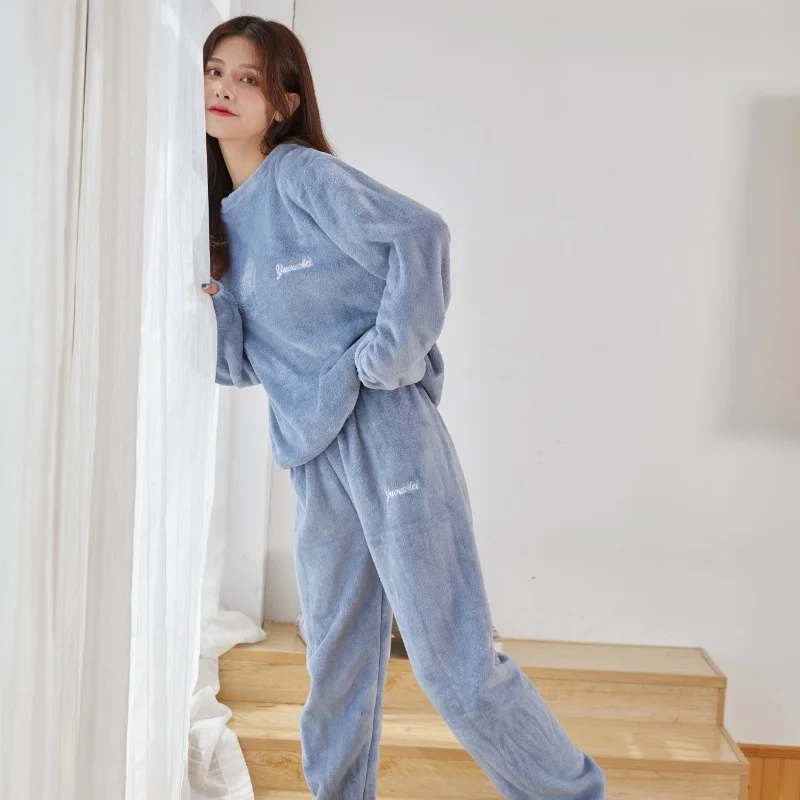 Autumn and Winter New Women\'s Warm Pajamas Homewear Suit Warm Pants Coral Padded Suit Loose Lazy Sleeper Pants Home Pajamas
