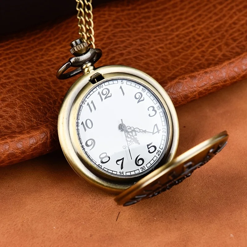 Large Bronze Pocket Watch English Letter Red Flag Pattern Pocket Watch Flip Cover Hanging Quartz Watch