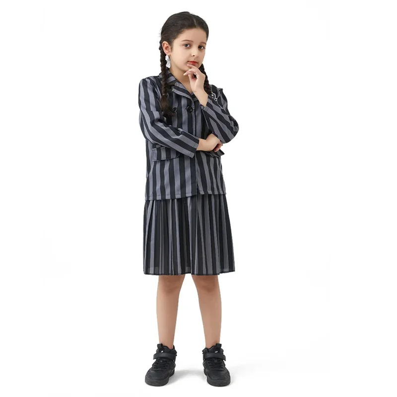 Addams Wednesday Halloween Costume Kids Girls Women Family Birthday Party Nevermore Academy Uniform Clothes Hand Wig Cosplay