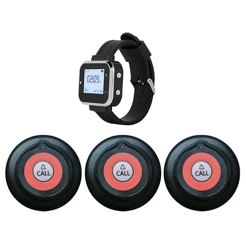 Ingenious-Wireless Calling System Service 3Pcs Call Button Transmitters 1Pcs Wrist Watch Pager For Restaurant Hotel Cafe