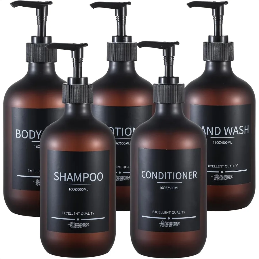 

Refillable Matte Amber Plastic Shampoo and Conditioner Bottles 5 Pack 16.9oz with Pumps and Labels