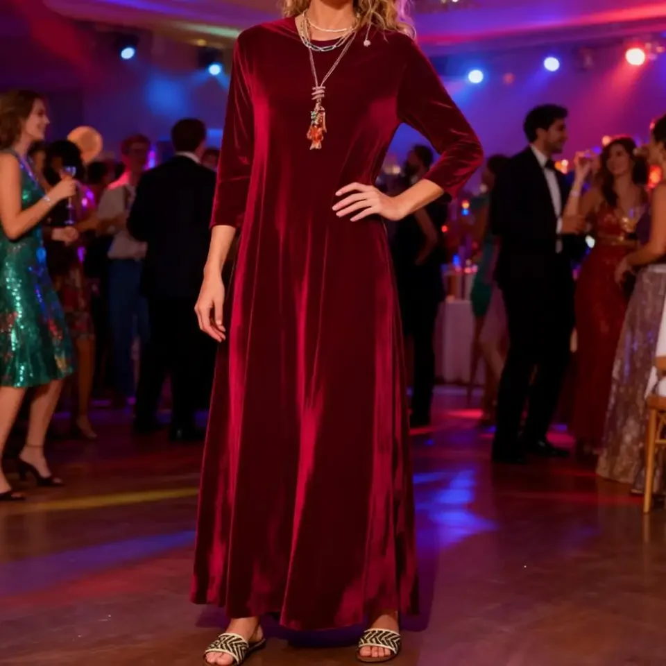 

Women Fall Dress Solid Color Loose Long Sleeves Maxi Dress Keep Warm Velvet Mom Spring Women Clothes Evening Dress