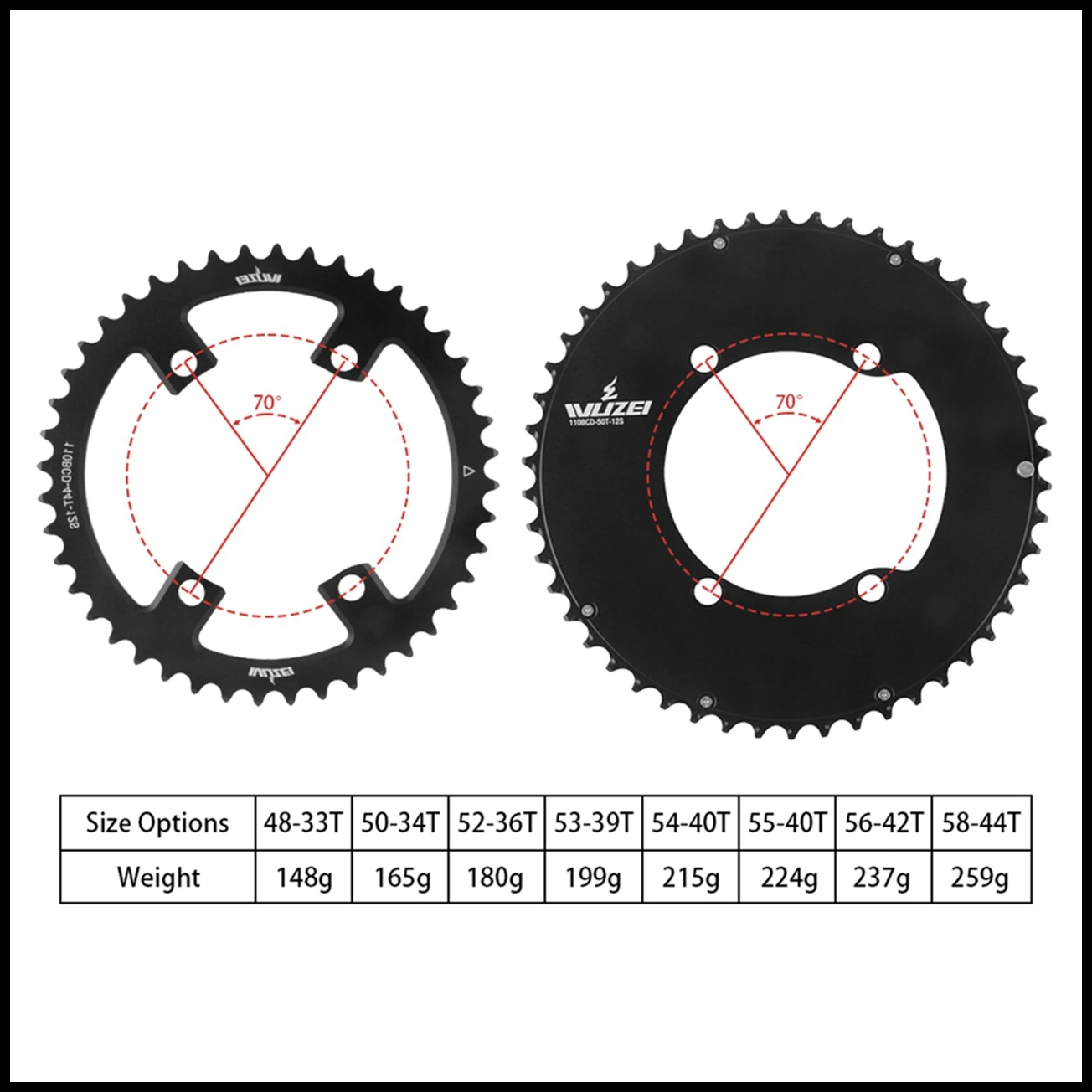 WUZEI 110BCD Rennrad Doppelkettenblatt 2x 10 11 12 Gang Fahrradkettenblatt für Shimano 105 5800 6800 DA9000 58/44T 56/42T – Detail 3