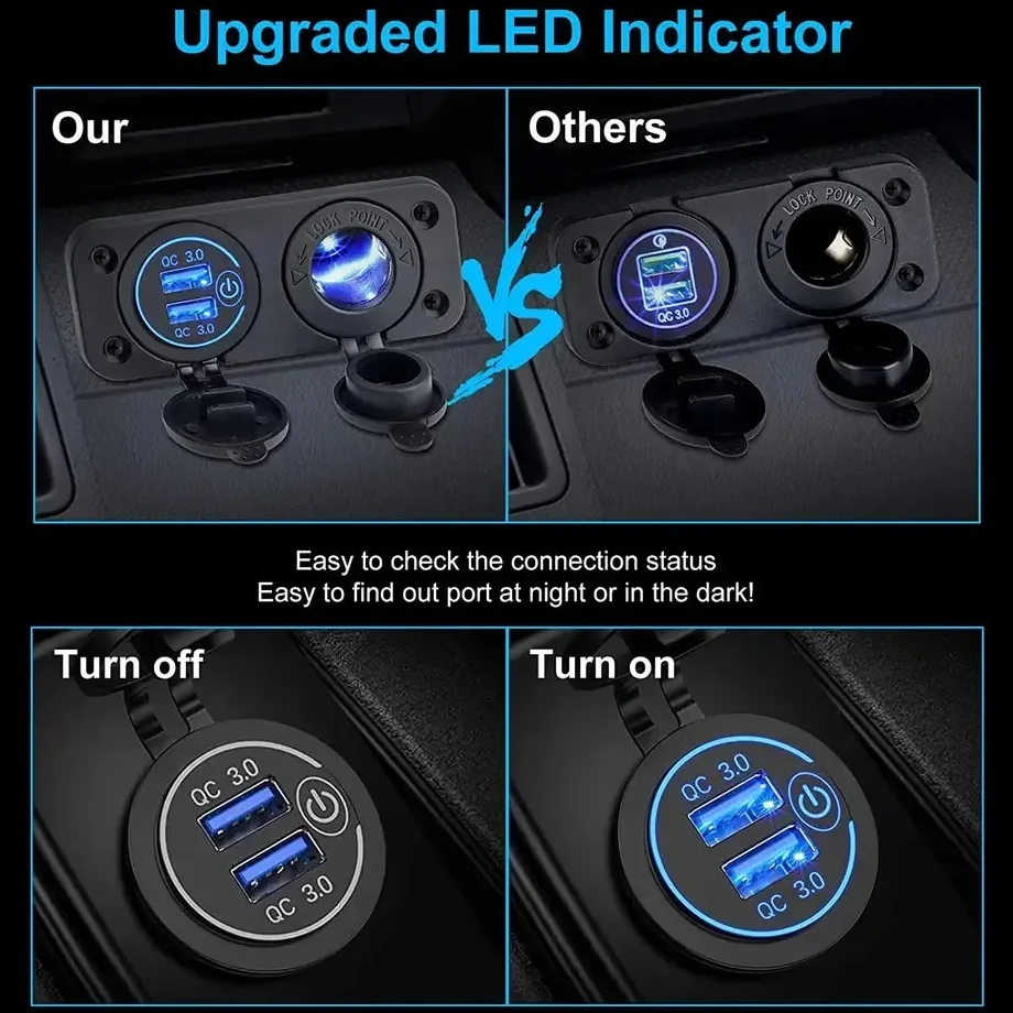 Adaptador de enchufe para encendedor de cigarrillos de coche 2 en 1 con puertos USB duales QC 3,0 y interruptor táctil de 12V y 24V
