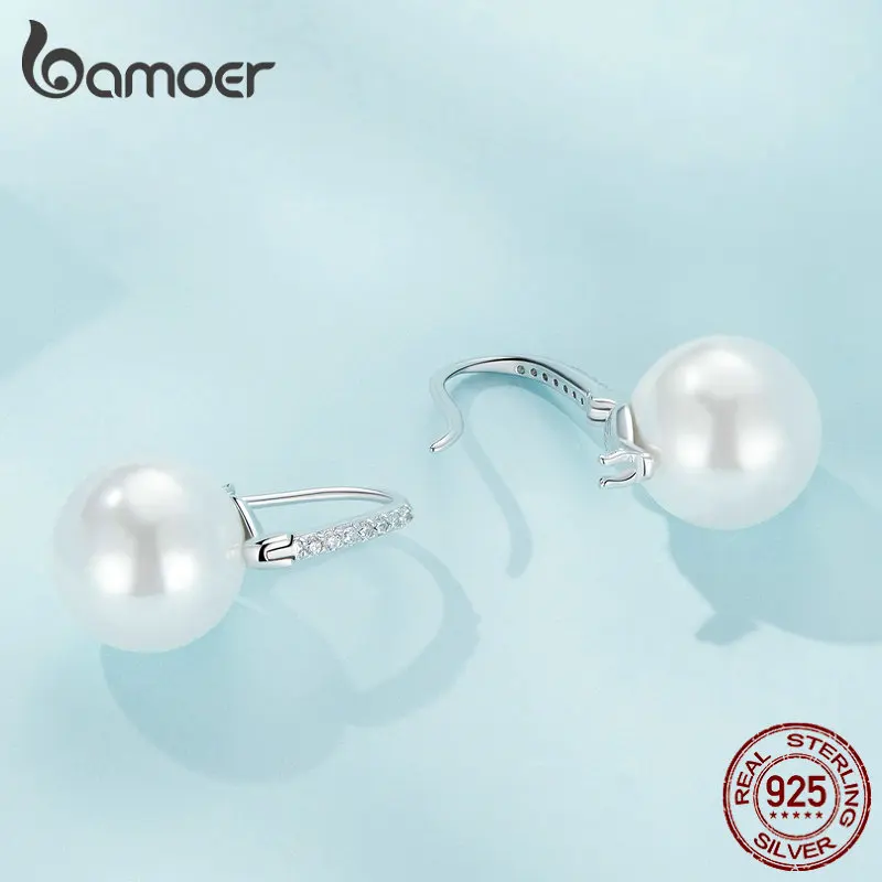 Bamoer 925 Sterling Silver Shell Bead Hoop Earring  Simple Piercing Ear Buckles for Women Birthday Anniversary Jewelry Gift