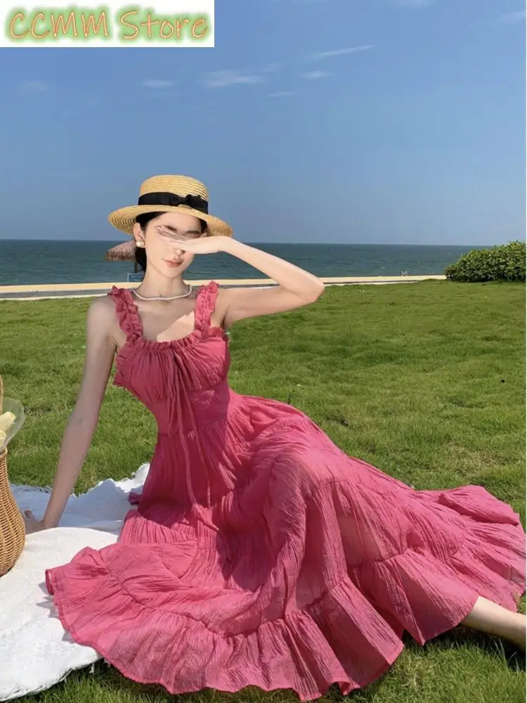 Vintage Bandage Holiday Beach Midi Dress Summer Pink Spaghetti Straps Backless Boho Vestidos Female Casual Fairy Clothes Mujer