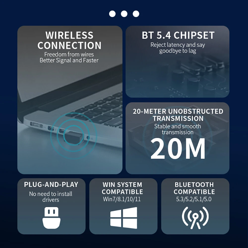 PC 노트북용 USB 블루투스 5.4 어댑터, 무선 블루투스 동글 어댑터, 핸들 무선 스피커, 오디오 리시버, USB 송신기