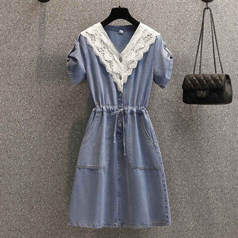 Summer Blue Denim Patchowrk Lace V-Neck Midi Dress Women Short Leeve Elegant Bodycon Dress 2024 New Korean Casaul Party Vestidos