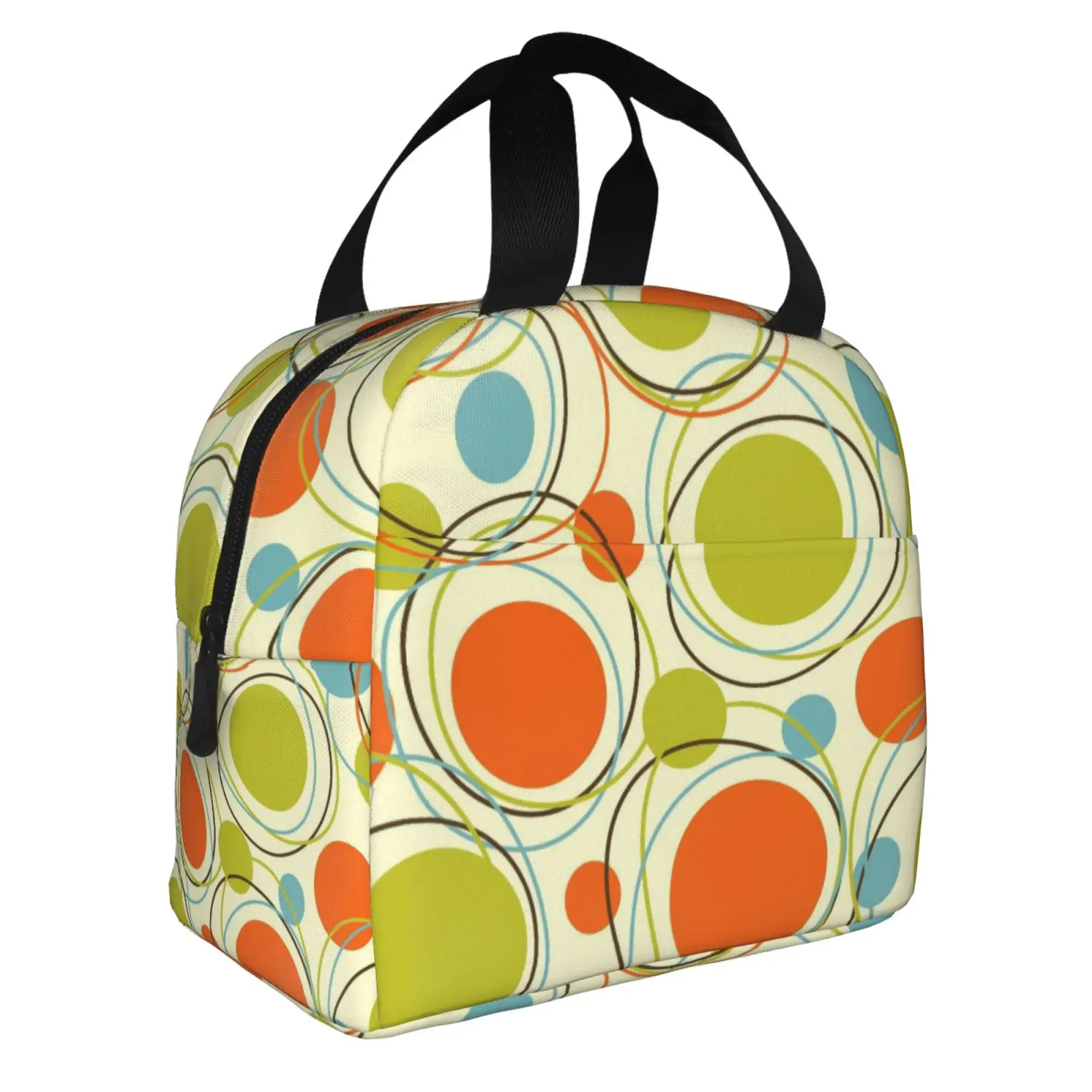 Retro 80S 90S Mid Century Circle Print Lunch Tote Bag Insulated Leakproof Lunch Box Container with Front Pocket for Girls Boys