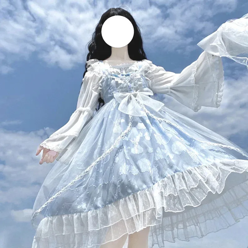 Gaun Lolita Lucu Alice In Wonderland Biru untuk Wanita Gaun Putri Kawaii Gadis Lembut Pesta Teh Jepang Vestidos Peri