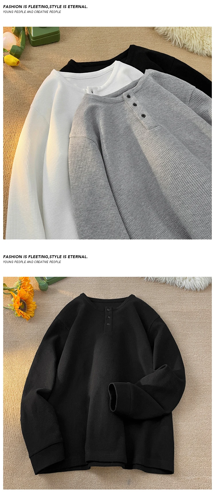 Herren Casual Loose-Fit Waffelstrick Henley T-Shirt Langarm mit 3-Knopf-Placket für den Alltag – Detail 7