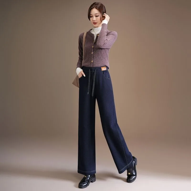 Women Fleece Lined Denim Wide Leg Pants High Waist Drawstring Elastic Waist Loose Straight Casual Trousers For Winter