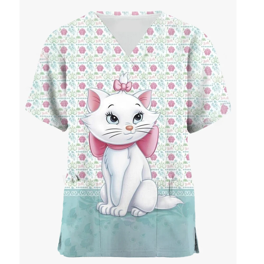 

Women Nurse Uniform Mary Cat print V-Neck Pocket Medical Uniforms Cartoon Animal Nursing Scrubs Tops Workear Uniforme enfermera