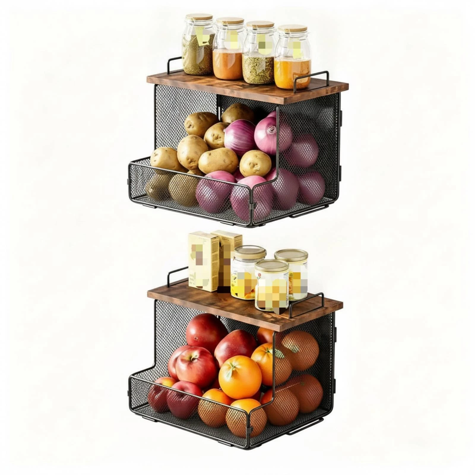 Foldable Wall Organizer Double-Layer Wall-Mounted Kitchen Storage Rack Mesh Basket Shelf with Wooden Top Versatile Functional