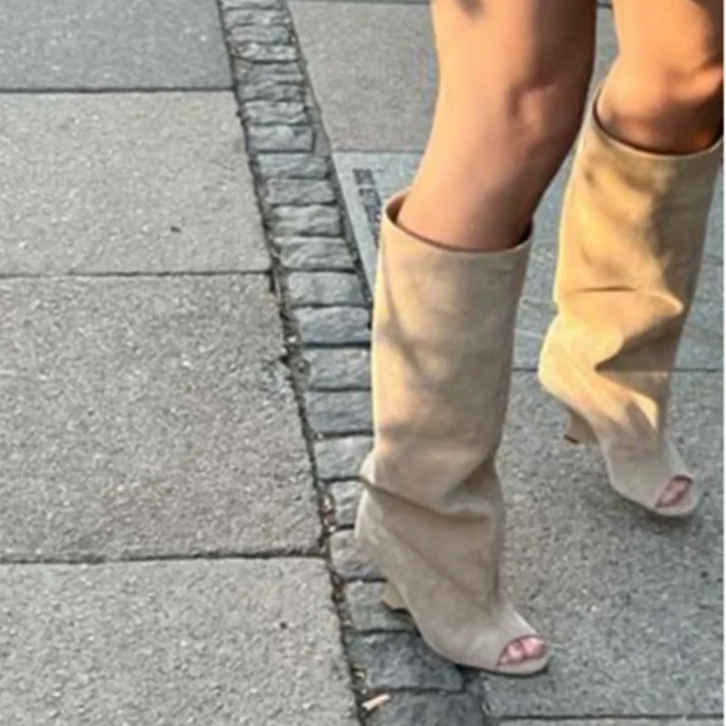 2025 New Peep Toe Long Boots Summer Thick High Heels Women's Knee Boots Large Size Shoes Ladies Slip-on Strange Heels Cool Boots