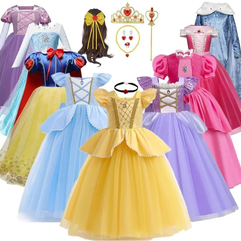 2024 Belle Girls Elsa Dress Children Princess Carnival Dress Kids Jasmine Rapunzel Flower Disguise Cosplay Christmas Costume