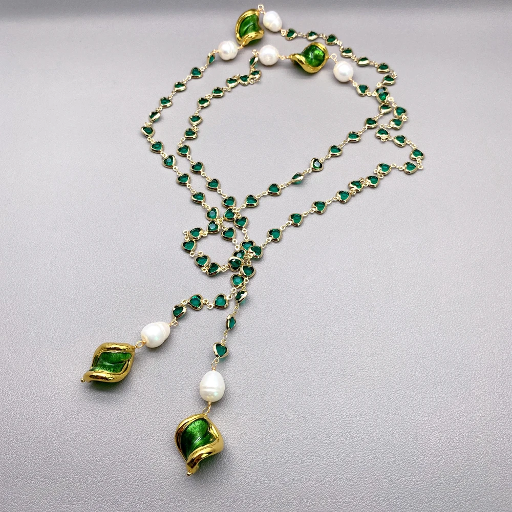 Cultured White Rice Pearl Green Murano Glass Crystal Rosary Chain Long Necklace 50