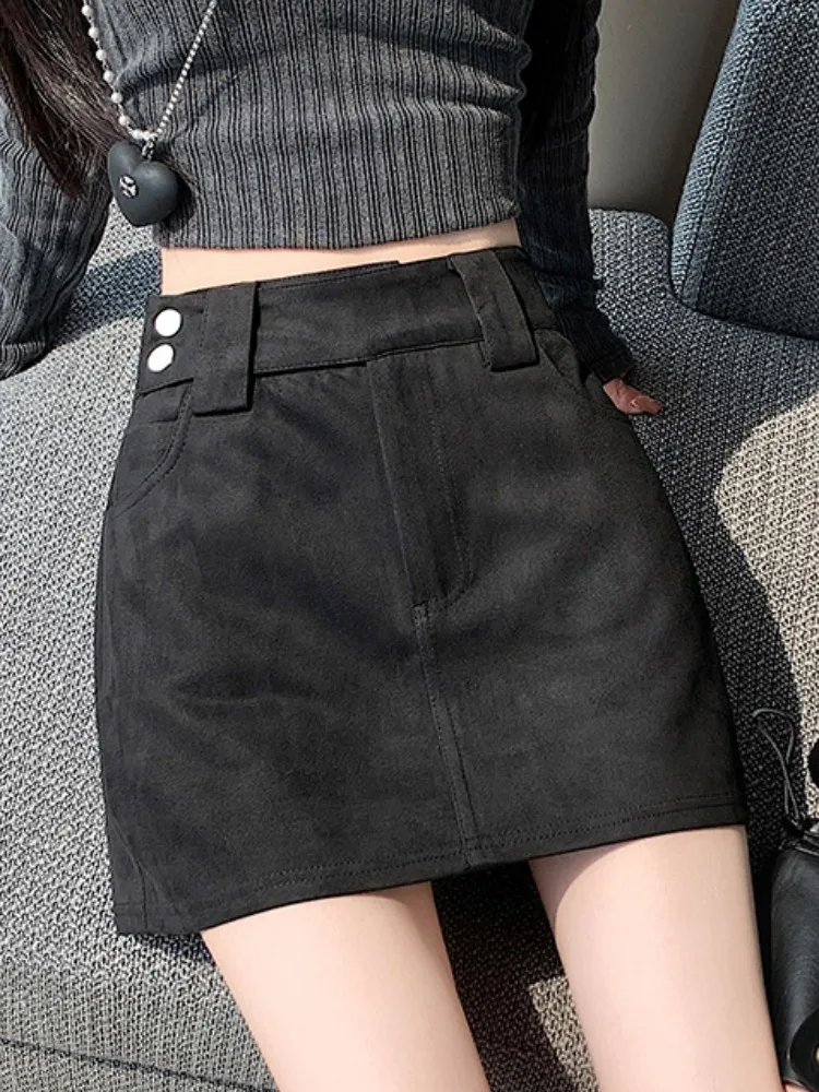 Jupe f en daim kaki pour femmes, taille haute, amincissante, ligne a, jupe enveloppante, confortable, douce, Vintage, décontractée, taille haute A...