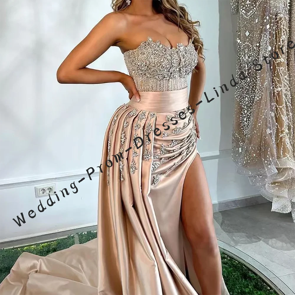 Vestidos de Noche formales de sirena plisados con lentejuelas y cuentas elegantes sin tirantes vestidos de fiesta de cumpleaños personalizados