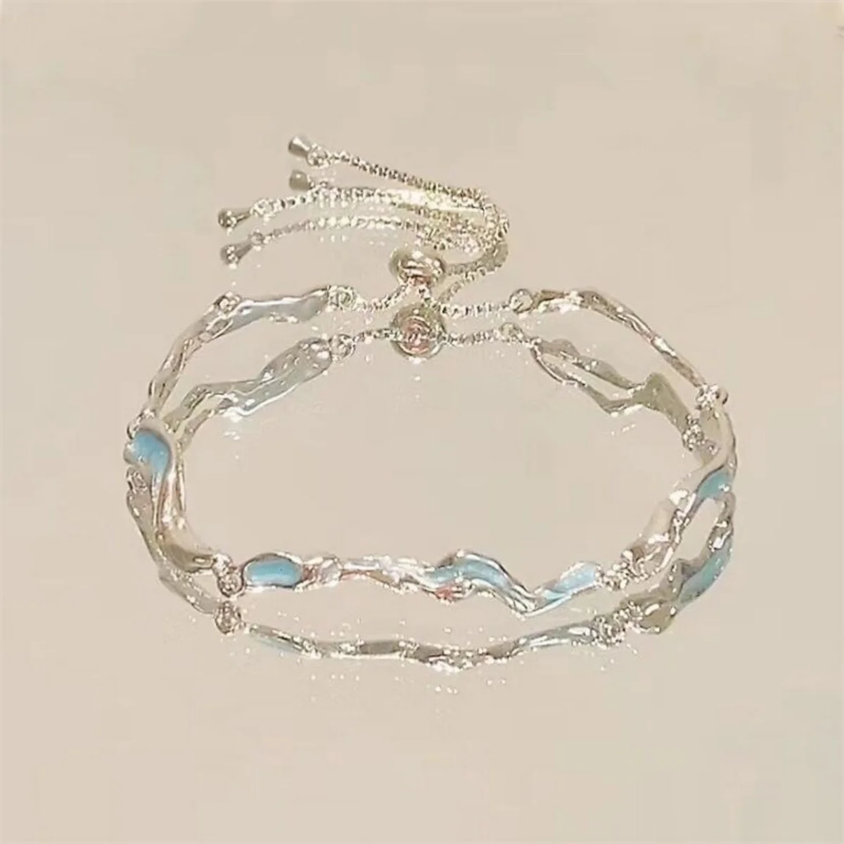 Light Luxury Blue Wave Shaped Bracelet Elegant Pink Zircon Cherry Blossom Flower Bowknot Star Moon Bangle For Women Men Jewelry