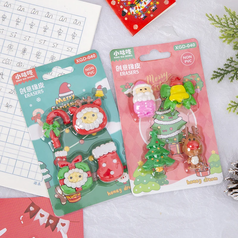 4Pcs/set Cute Cartoon Santa Claus Reindeer Erasers Kawaii Aesthetic Stationery Kids Eraser Set Student Reward Christmas Gifts