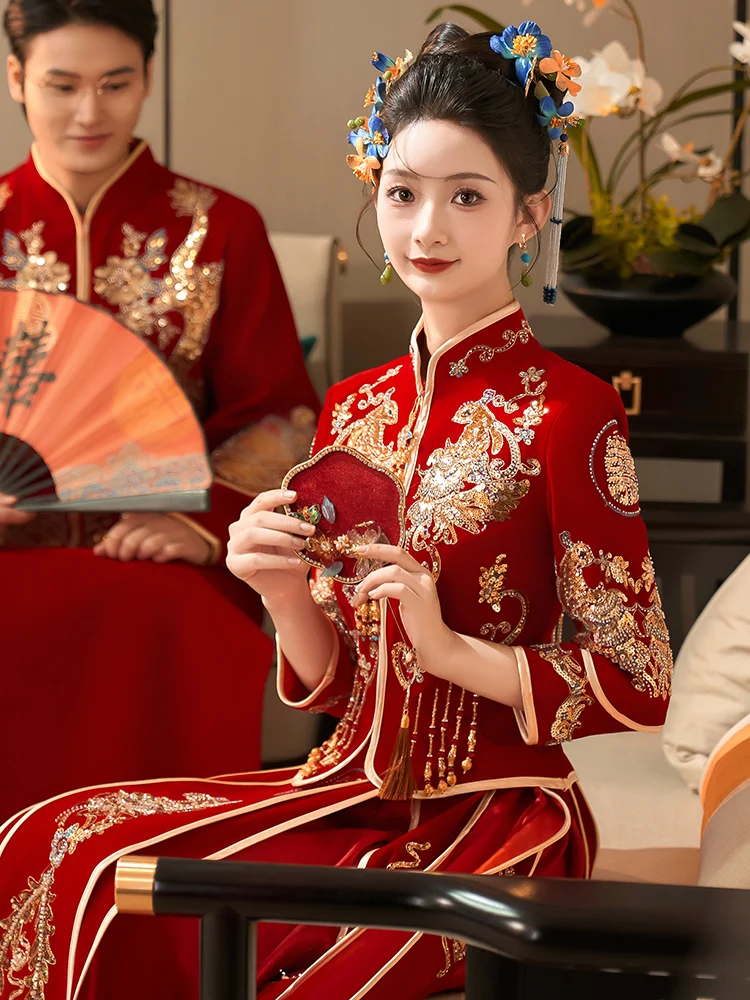 

Velvet Chinese Sle Wedding Dr New 2025 ow Clothing for Pregnant Brides ort Size Traditional Ceremony Drinking Ceremony