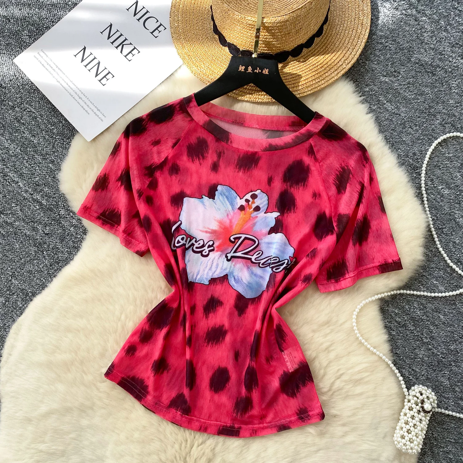 Femme Dopamine Hotsweet Maille Imprimé Hauts Chemises T-shirts Femmes Mince Date Rose Streetwear Anniversaire Festival Hauts D'été Ins Chic T-shirts