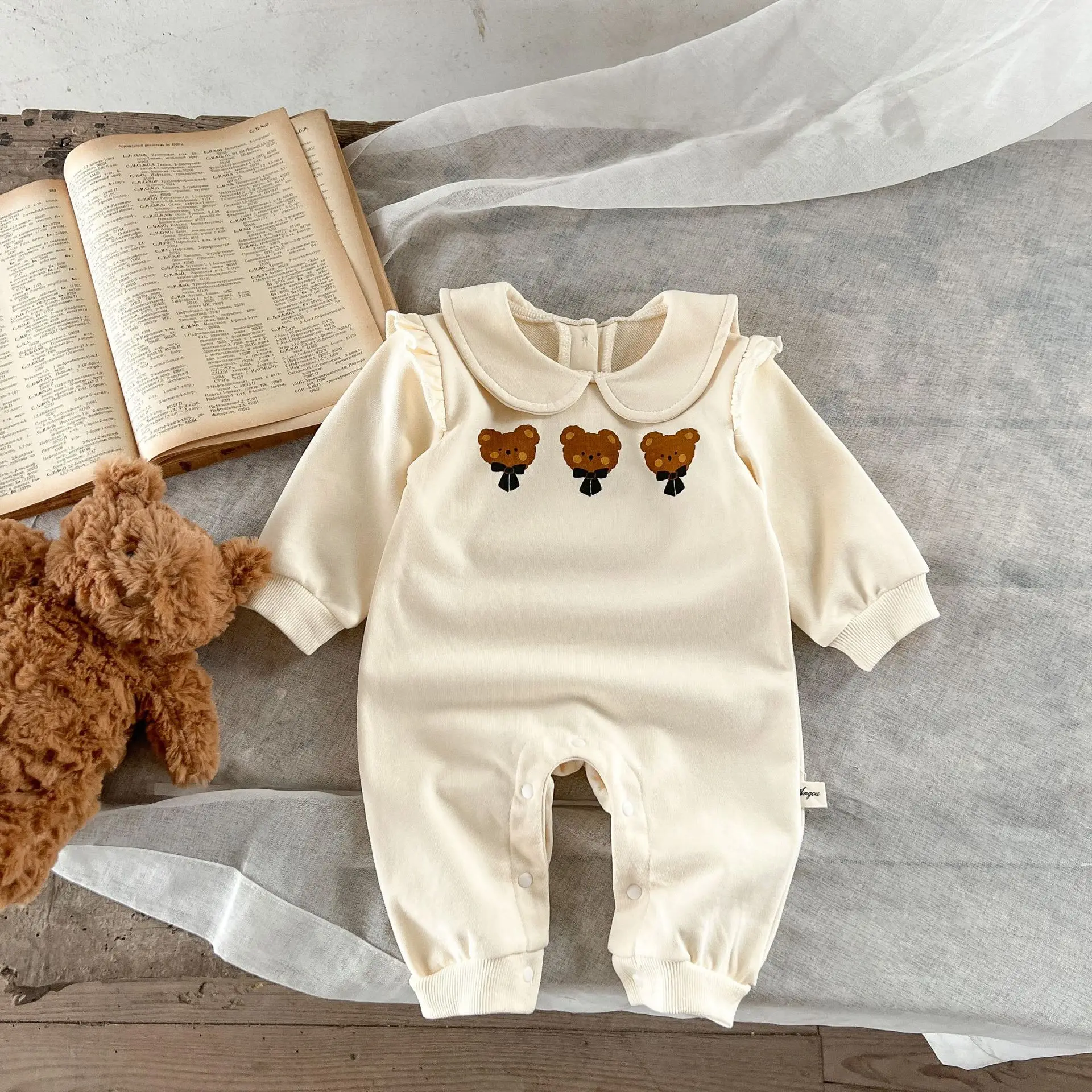 Cute Newborn Baby Girl Clothes INS Spring Long Sleeve Bear Romper Bow Bodysuit Cotton Shirt Tops Outfits For 0-3Years Boys