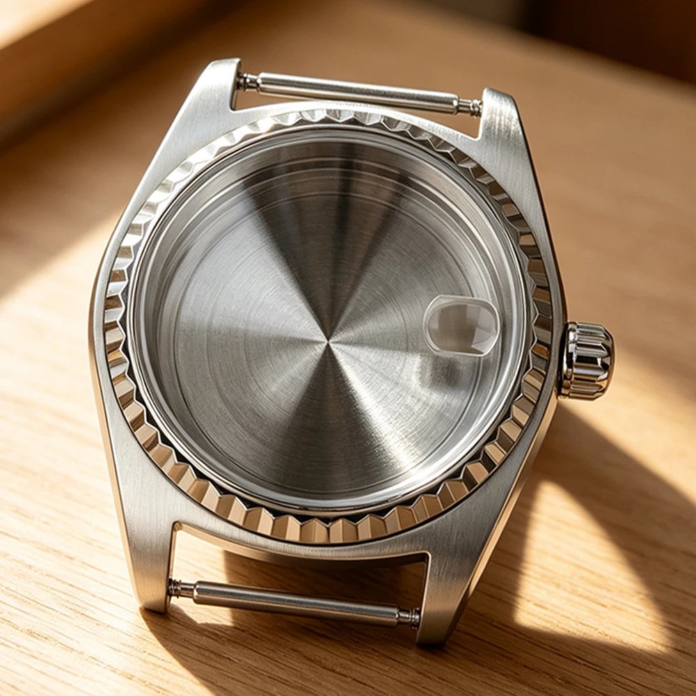 Silver 43MM Fluted Bezel Watch Case Accessories For Miyota JS25 Movement 36.5mm Dial Waterproof Stainless Steel Waterproof 10ATM
