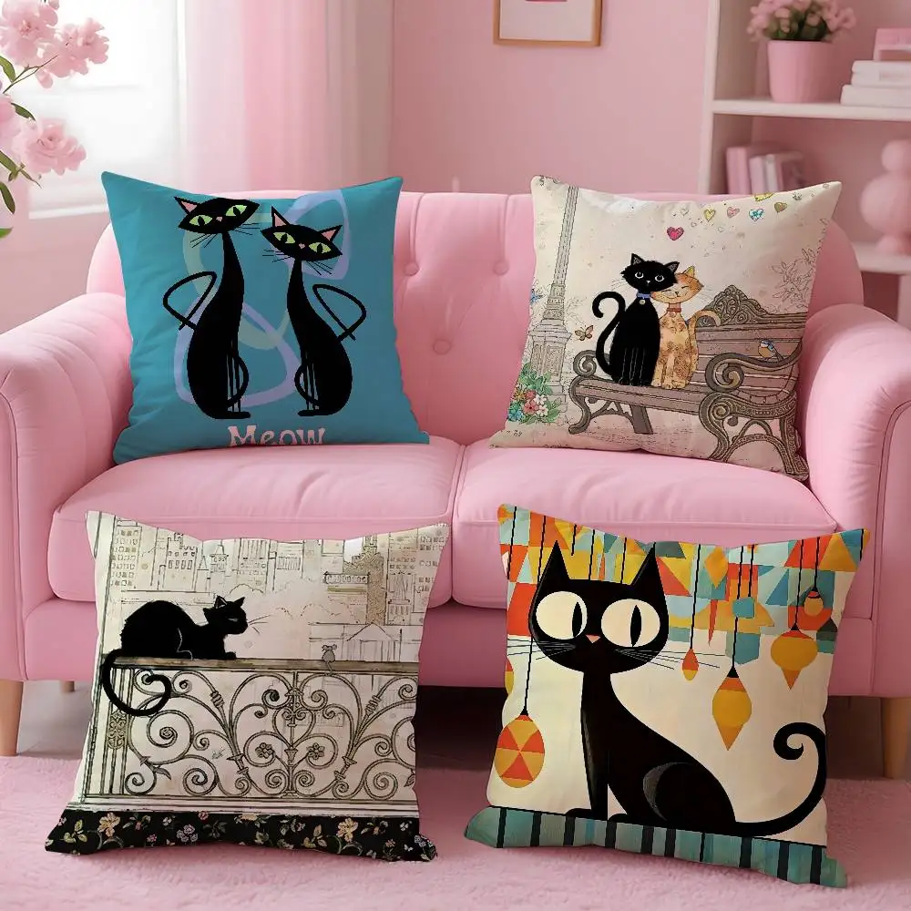 Niedlicher Kissenbezug mit Cartoon-Motiv, kleine schwarze Katze, bedruckt, für Wohnzimmer, Sofa, Kissenbezug und Schlafzimmerdekoration