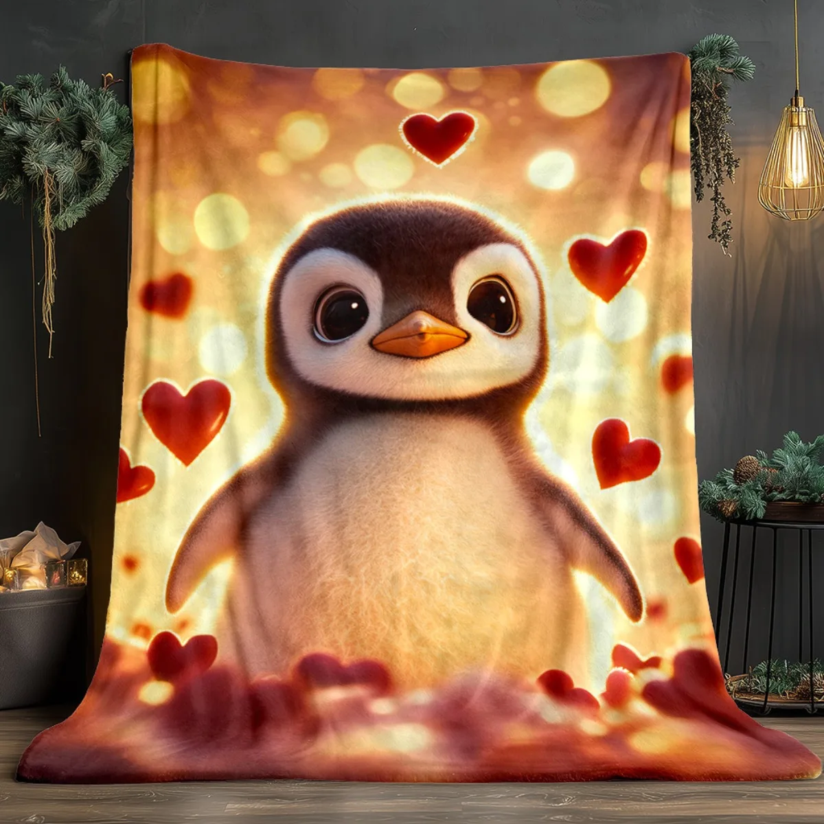 1pc Cute Penguin With Hearts Flannel Blanket Soft Warm Throw Baby Kids Room Decor Adorable Animal Print
