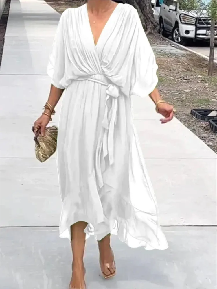 

2025 New Solid Color Lace-up V-neck Long Skirt Bat Sleeve Irregular Dress Fashionable Elegant Loose Beach Vacation Dress