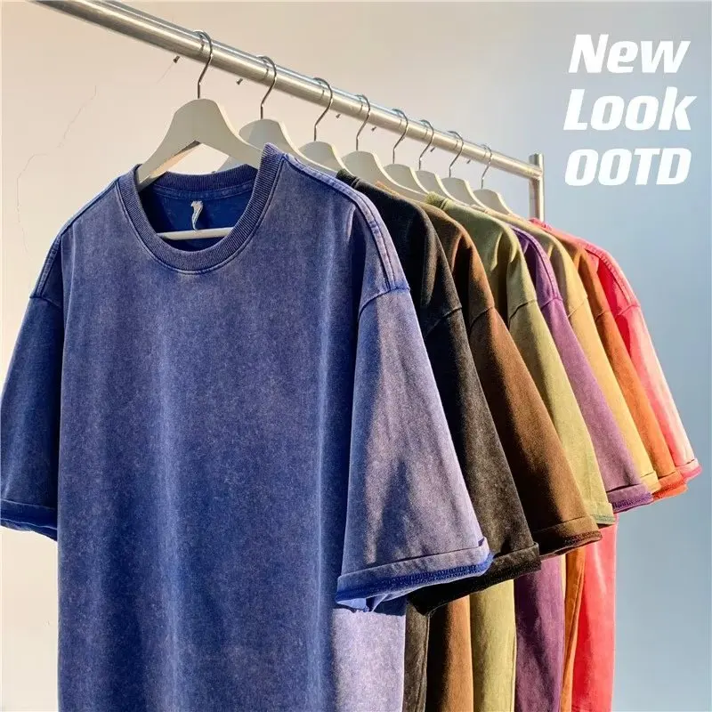 American Style Retro Heavyweight Solid Color Short Sleeved T-shirt Men Women Summer Street Trendy Washed Old Oversized Clothes view 2