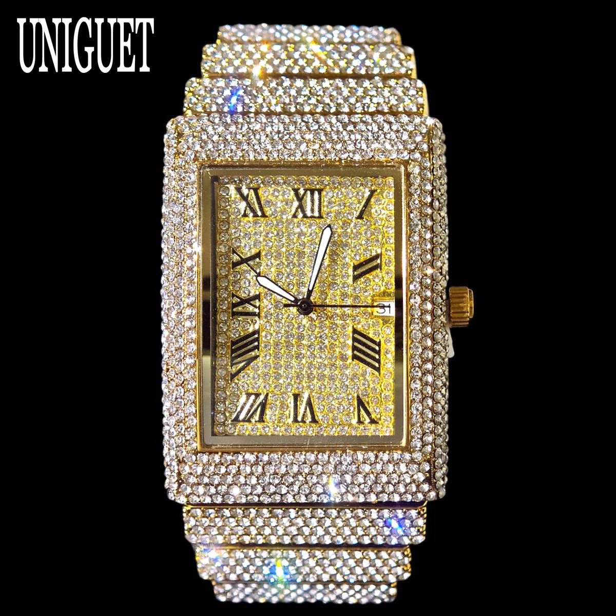 Luxury Iced Out Watch Men Brand UNIGUET Fashion Rectangle Gold Clock Hip Hop Diamond Bling Jewelry Wristwatch Man Dropshipping