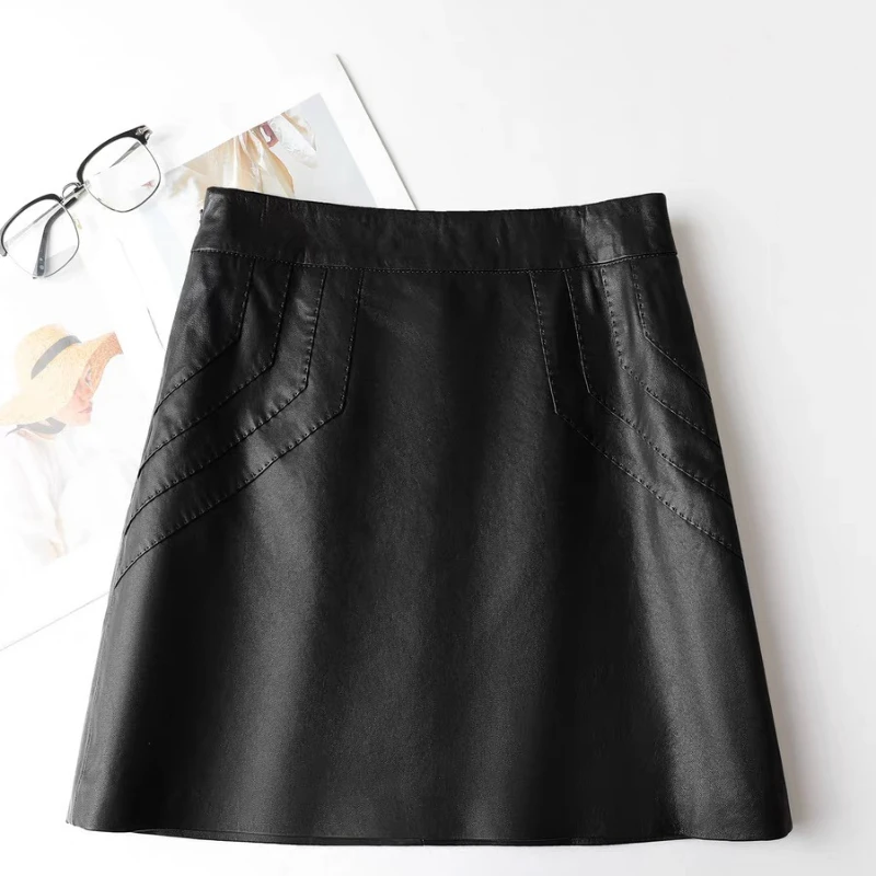 Minifalda de cuero auténtico para mujer, minifalda corta Sexy en forma de A con parte delantera, 100% de piel de oveja de gama alta, moda 2025