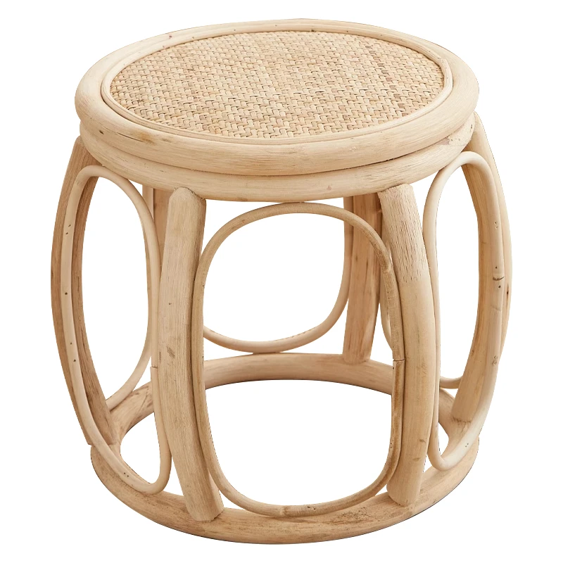 Natural Rattan Drum Stool Handwoven Entryway Shoe Bench Vintage Wicker Ottoman No Paint Eco-Friendly Small Round Footrest
