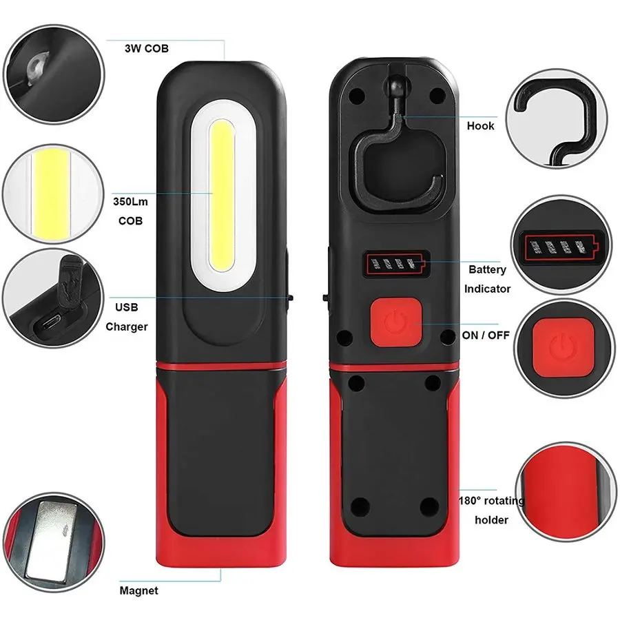 Portable COB LED Work Light with Magnetic Base and Hook 3 Modes Flashlight for Car Repair Camping Emergency Use