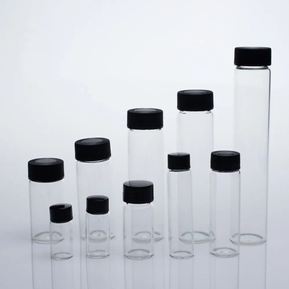 

Free shipping 3ml to 50ml Clear Glass sample bottles with black plastic screw cap, essential oil bottle for lab use