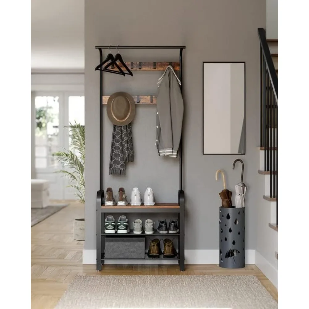 4-in-1 Coat Rack, Hall Tree w/Shoe Bench, Entryway Bench w/Coat Rack/9 Removable Hooks/a Hanging Rod, 13.3x28.3x72.1In